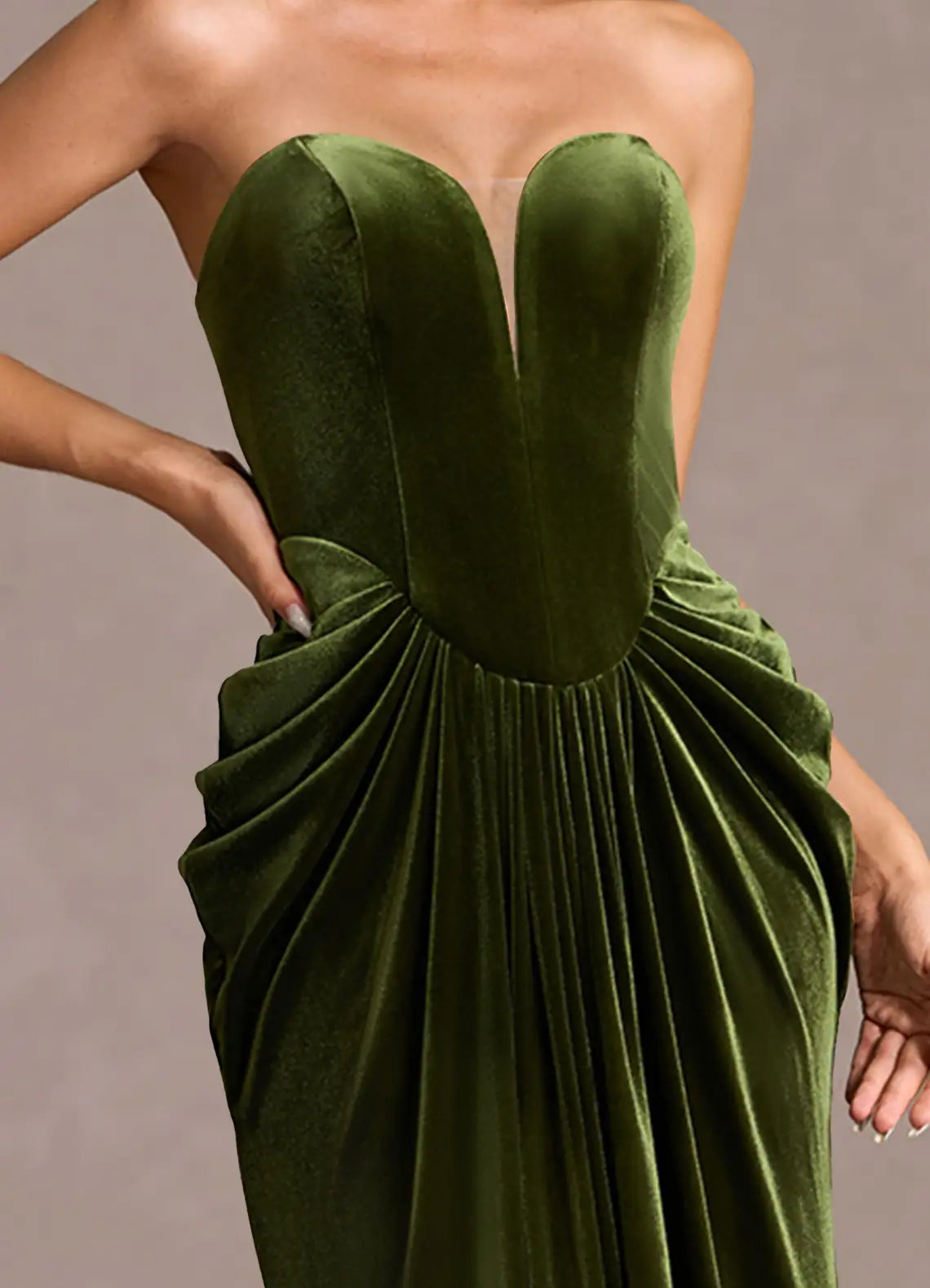 Luxurious Olive Green Velvet Strapless Gown with Draped Waist: Evening Dresses