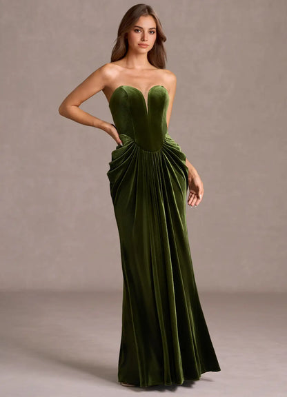 Luxurious Olive Green Velvet Strapless Gown with Draped Waist: Evening Dresses