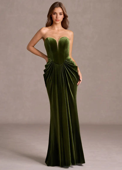 Luxurious Olive Green Velvet Strapless Gown with Draped Waist: Evening Dresses
