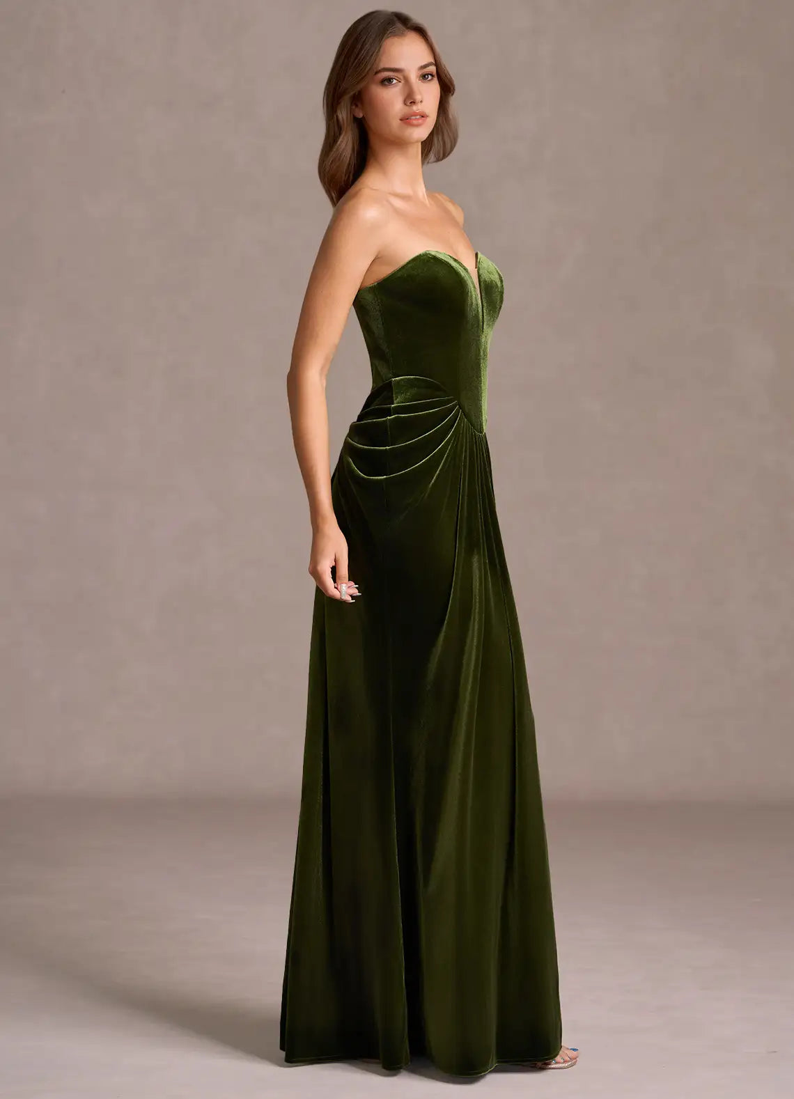 Luxurious Olive Green Velvet Strapless Gown with Draped Waist: Evening Dresses