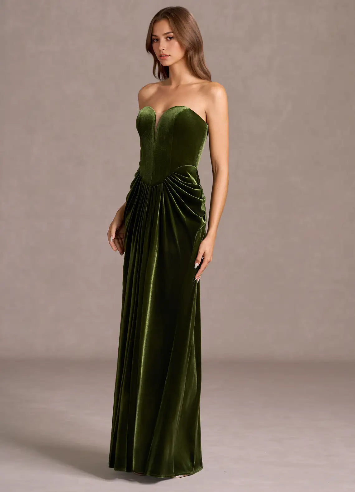 Luxurious Olive Green Velvet Strapless Gown with Draped Waist: Evening Dresses