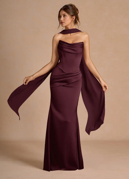 Luxurious Plum Strapless Gown with Detachable Cape and Lace-Up Back: Evening Dresses