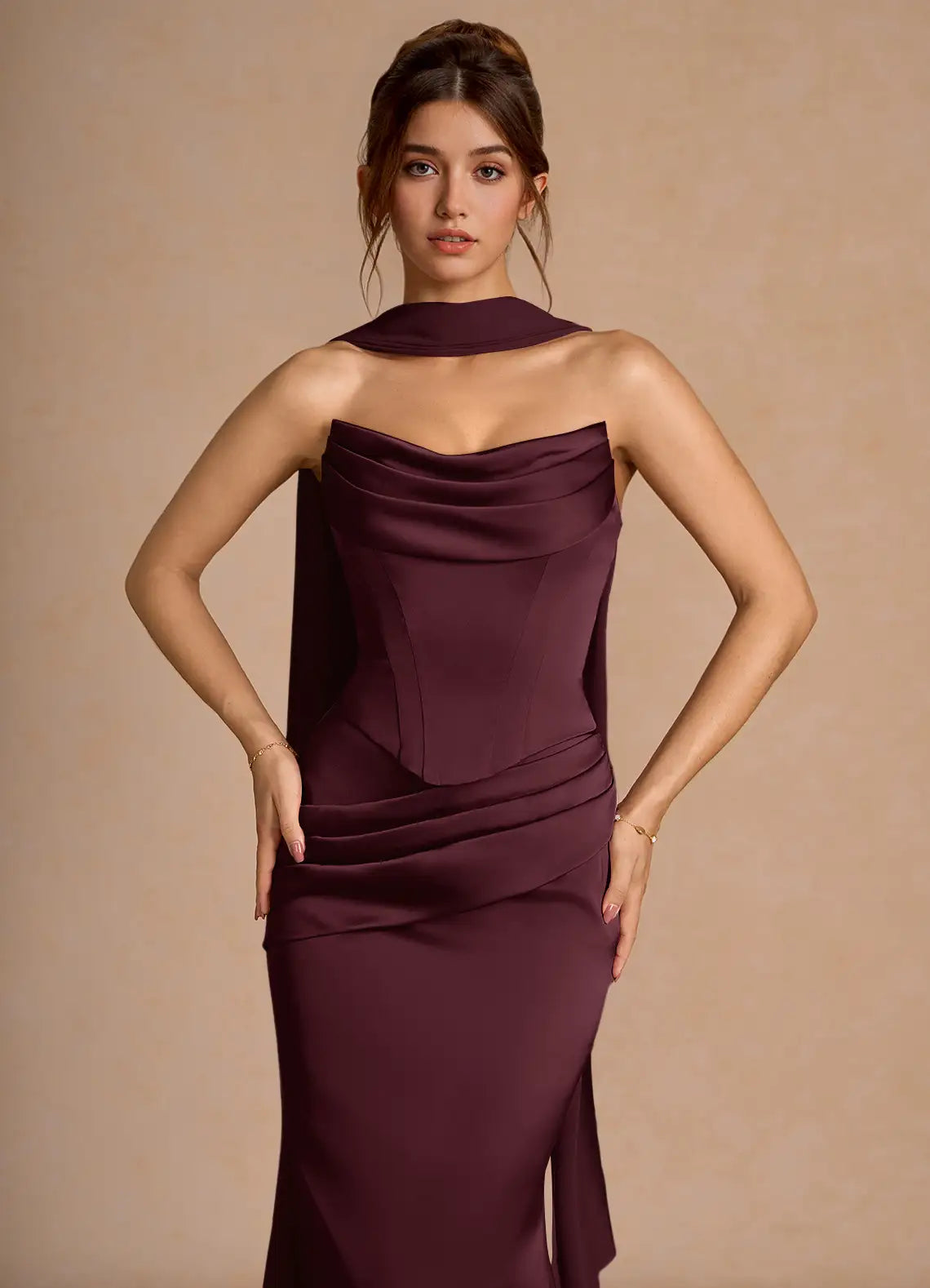 Luxurious Plum Strapless Gown with Detachable Cape and Lace-Up Back: Evening Dresses