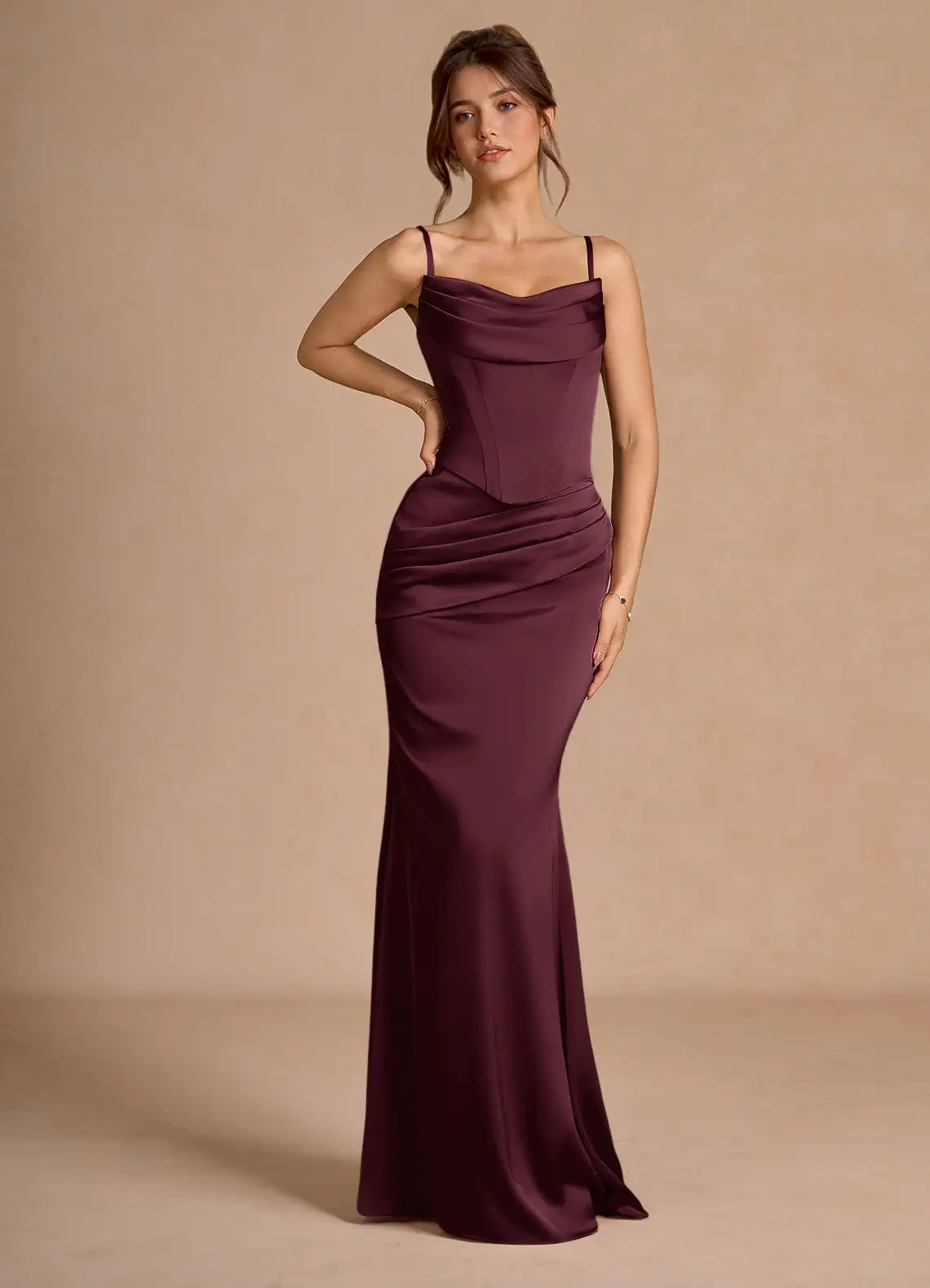Luxurious Plum Strapless Gown with Detachable Cape and Lace-Up Back: Evening Dresses