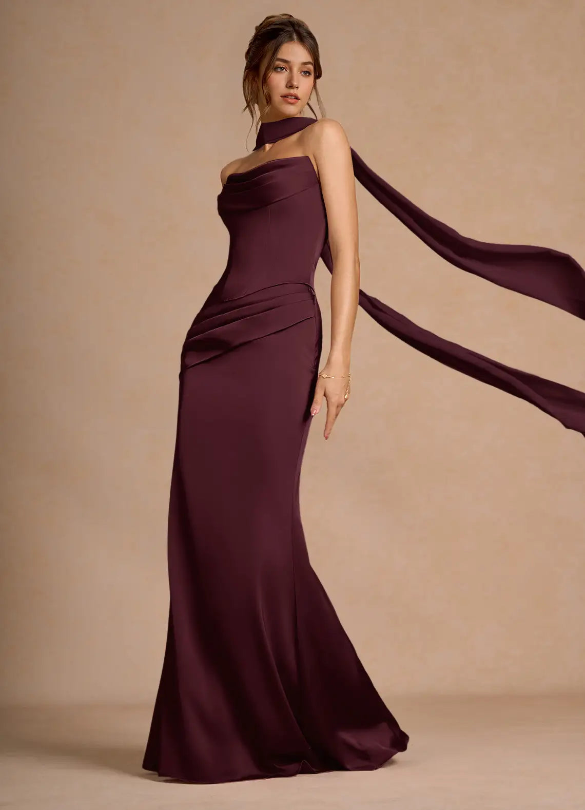 Luxurious Plum Strapless Gown with Detachable Cape and Lace-Up Back: Evening Dresses