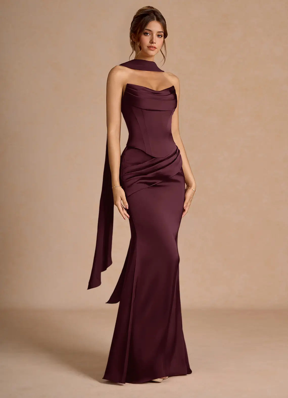 Luxurious Plum Strapless Gown with Detachable Cape and Lace-Up Back: Evening Dresses