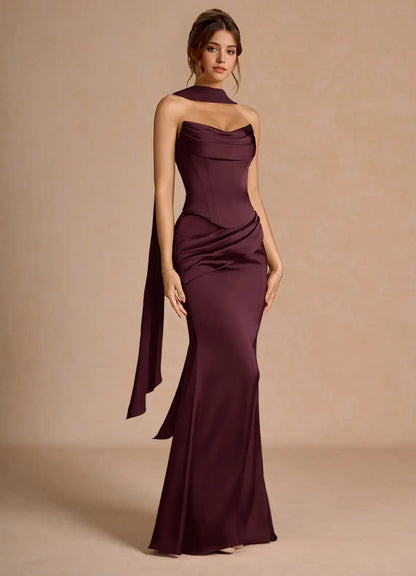 Luxurious Plum Strapless Gown with Detachable Cape and Lace-Up Back: Evening Dresses