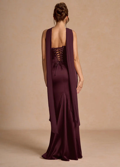 Luxurious Plum Strapless Gown with Detachable Cape and Lace-Up Back: Evening Dresses