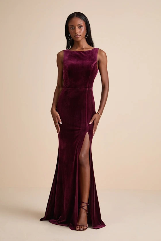 Luxurious Plum Velvet Cowl Back Mermaid Bridesmaid Dress