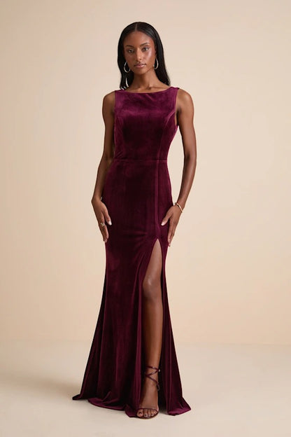 Luxurious Plum Velvet Cowl Back Mermaid Bridesmaid Dress