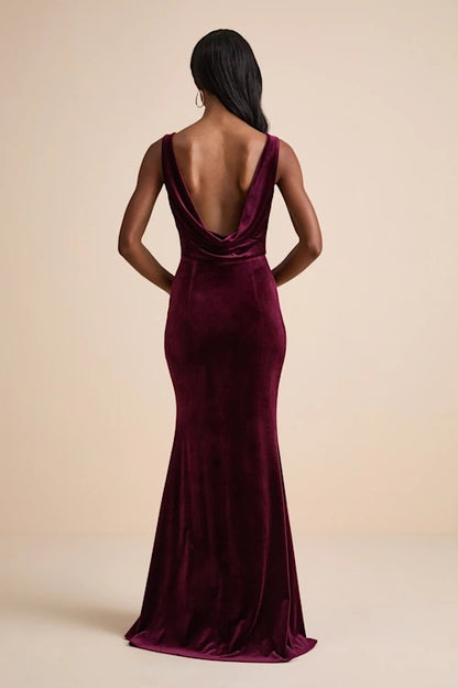 Luxurious Plum Velvet Cowl Back Mermaid Bridesmaid Dress