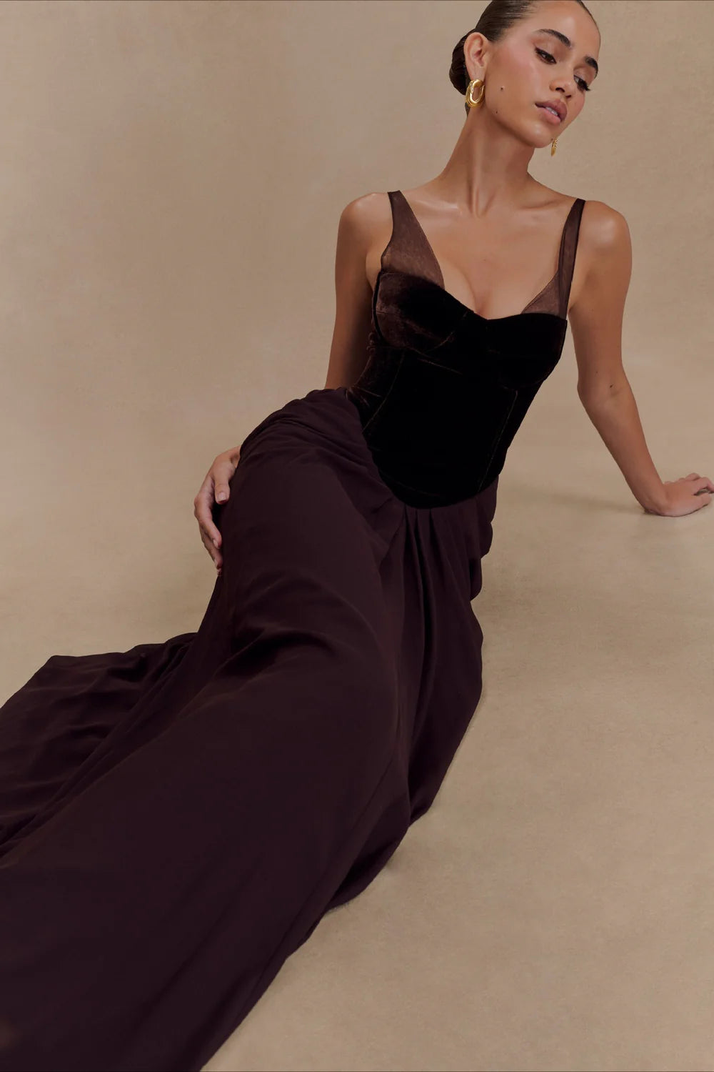 Luxurious Plum and Black Velvet Corset Gown with Draped Skirt: Evening Dresses