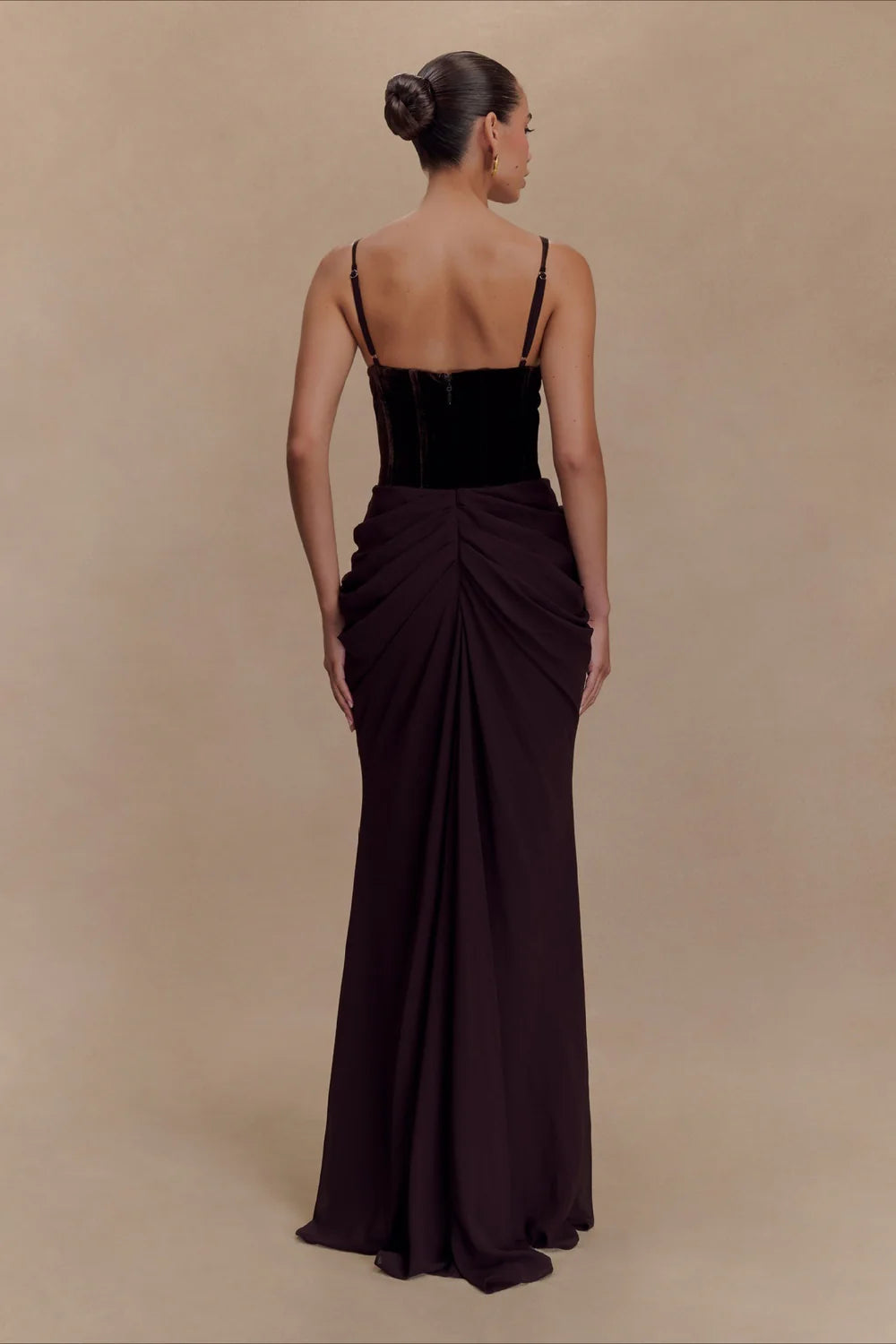 Luxurious Plum and Black Velvet Corset Gown with Draped Skirt: Evening Dresses
