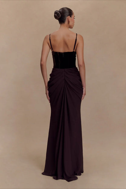 Luxurious Plum and Black Velvet Corset Gown with Draped Skirt: Evening Dresses