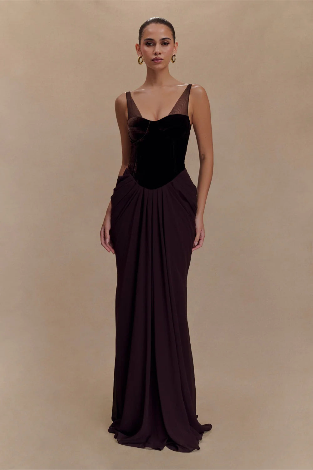 Luxurious Plum and Black Velvet Corset Gown with Draped Skirt: Evening Dresses