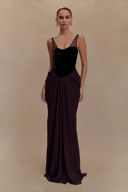 Luxurious Plum and Black Velvet Corset Gown with Draped Skirt: Evening Dresses