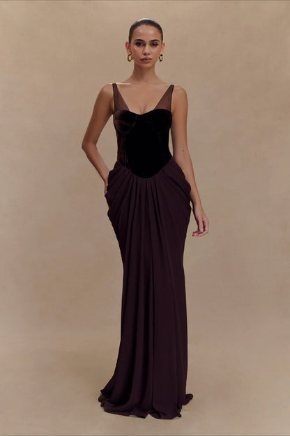 Luxurious Plum and Black Velvet Corset Gown with Draped Skirt: Evening Dresses