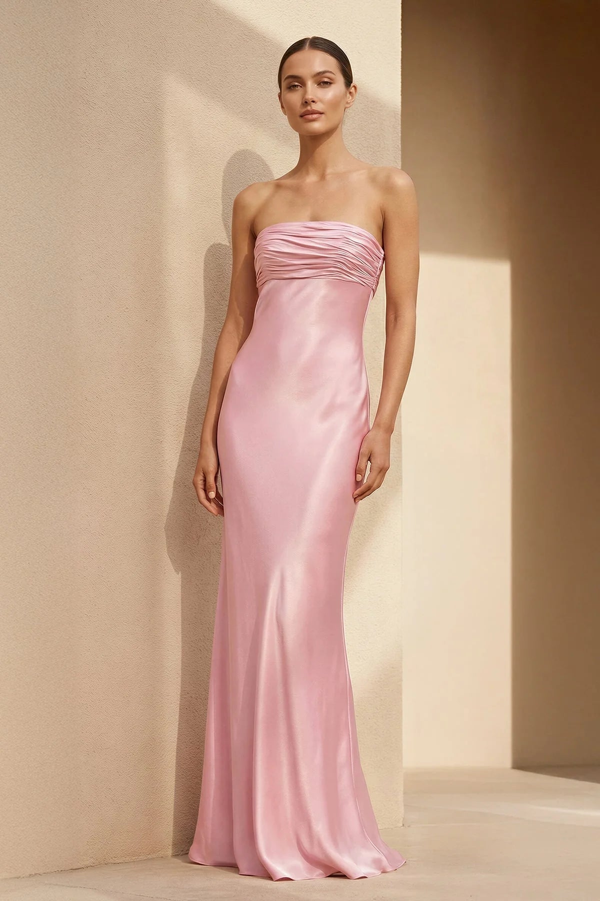 Luxurious Satin Strapless Ruched-Bust Open-Back Long Evening Dress
