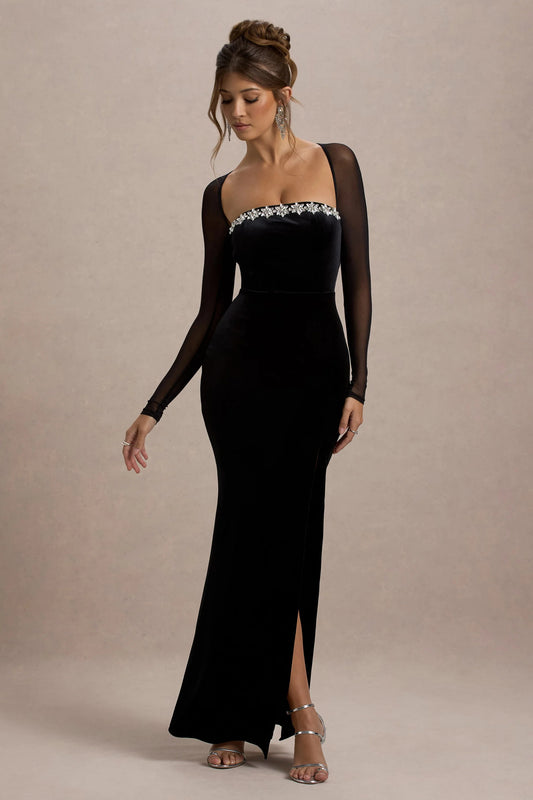 Luxurious Velvet Sheer-Sleeve Crystal-Trim Evening Dresses