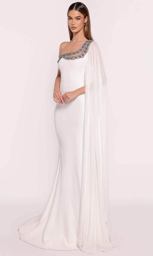Luxurious White Satin One-Shoulder Rhinestone Trim Capelet Fitted Mermaid Train Evening Dress