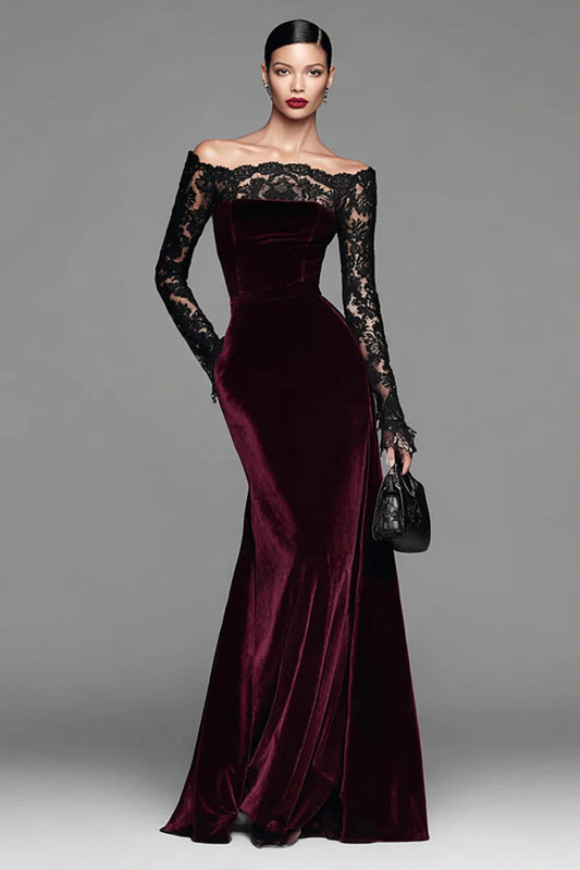 Luxury Burgundy Velvet Off-Shoulder Black Lace Long-Sleeve Mermaid Evening Dress