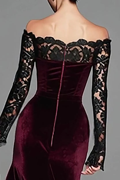 Luxury Burgundy Velvet Off-Shoulder Black Lace Long-Sleeve Mermaid Evening Dress