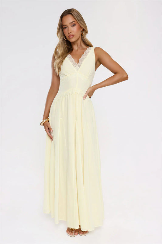 Luxury Lemon Yellow Prom Dresses with Chiffon Fabric Lace Trim and Lace-Up Back