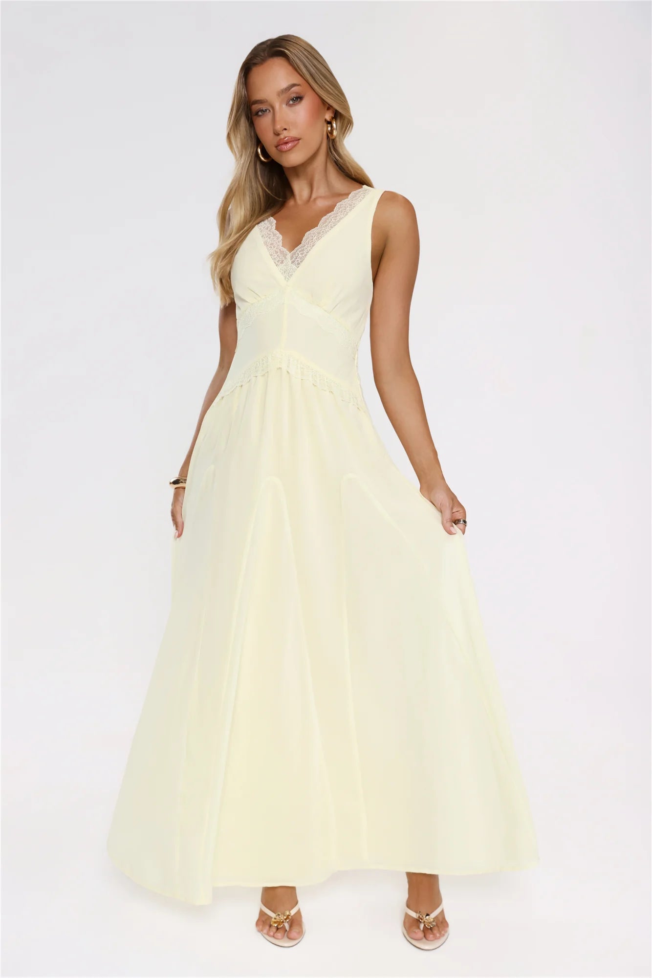 Luxury Lemon Yellow Prom Dresses with Chiffon Fabric Lace Trim and Lace-Up Back