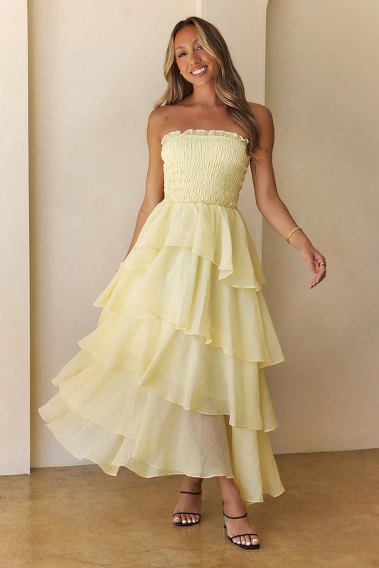 Luxury Lemon Yellow Prom Dresses with Tiered Ruffle Skirt and Strapless Smocked Bodice