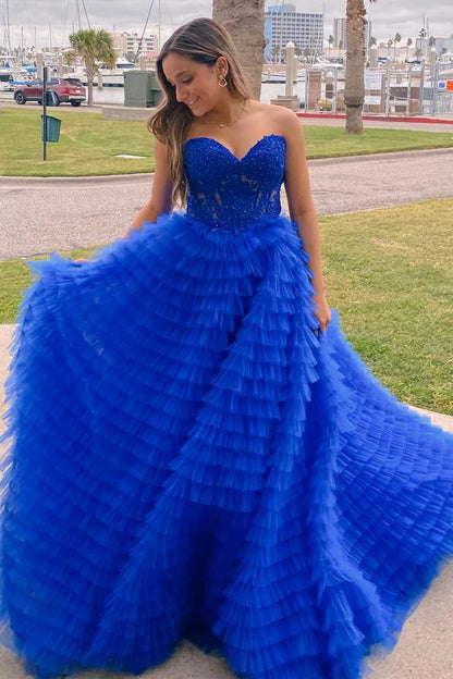 Appliques Sweetheart Ruffle Tiered A-Line Prom Dress