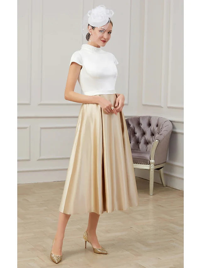 A-Line Mother of the Bride Dress Elegant High Neck Tea Length Polyester Short Sleeve with Pleats Ruching