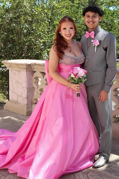 Beaded Bow-Back A-Line Long Formal Dress