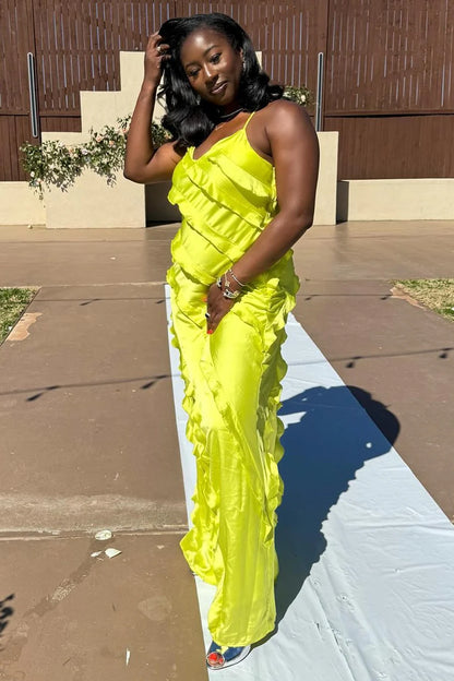 V-Neck Spaghetti Strap Ruffle Maxi Dress