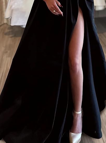 A-Line Sexy Sweep/Brush Train Long Sleeve Off Shoulder Satin with Pearls Slit Formal Evening Dress Fall November Wedding Guest Dress