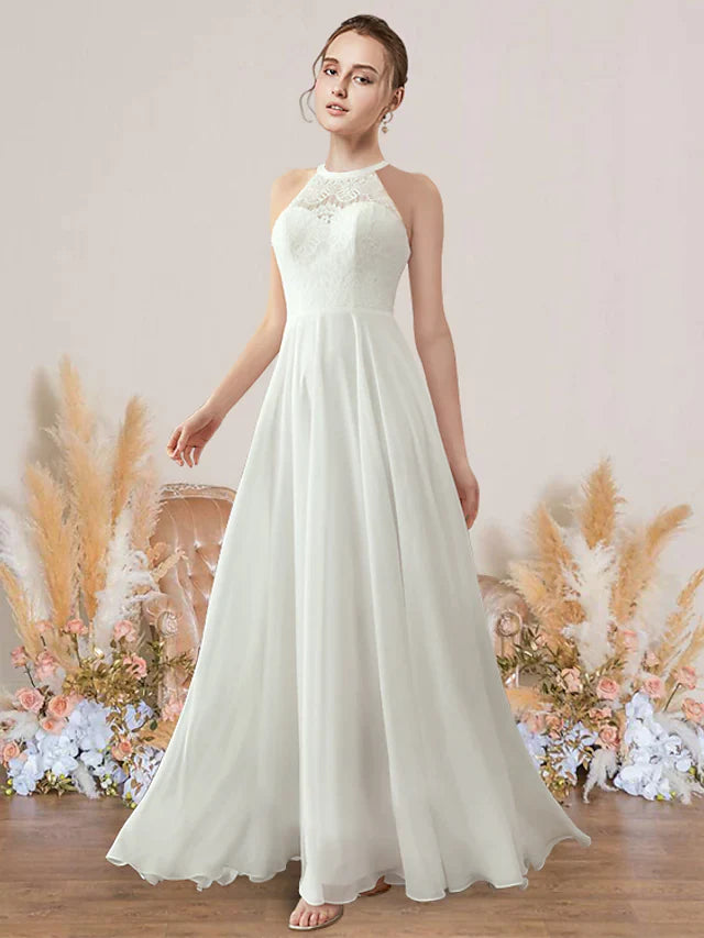 A-Line Wedding Dresses Jewel Neck Floor Length Chiffon Lace Sleeveless Romance Beach with Pleats