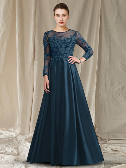 A-Line Mother of the Bride Dress Elegant Jewel Neck Tea Length Lace Satin Half Sleeve with Pleats Appliques