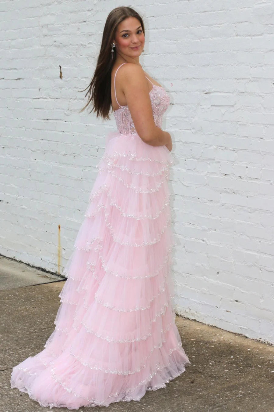Sequin Lace Spaghetti Strap Ruffle Tiered Long Prom Dress