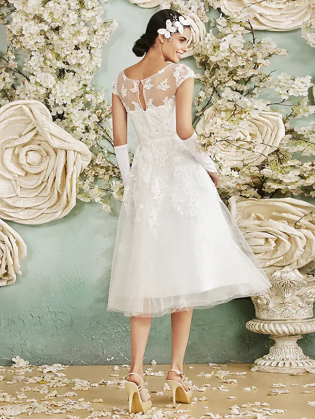 A-Line Wedding Dresses Knee Length Chiffon Sleeveless See-Through with Sequin Appliques