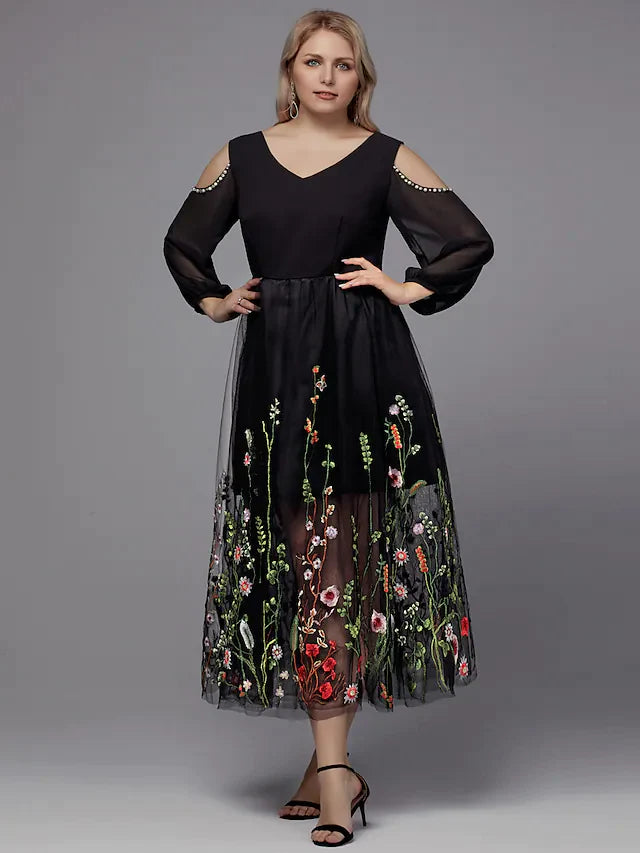 A-Line Plus Size Holiday Cocktail Party Valentine's Day Dress V Neck 3 Length Sleeve Tea Length Tulle with Beading Appliques