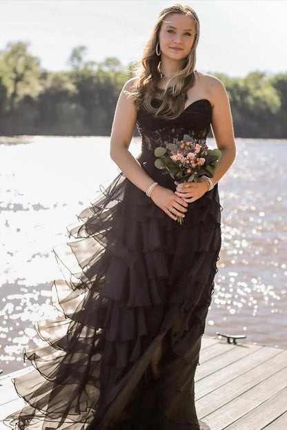 Chiffon Sweetheart Ruffle Tiered Long Prom Dress