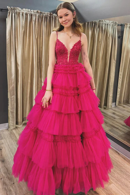 Beaded Spaghetti Strap Ruffle Tiered Ball Gown