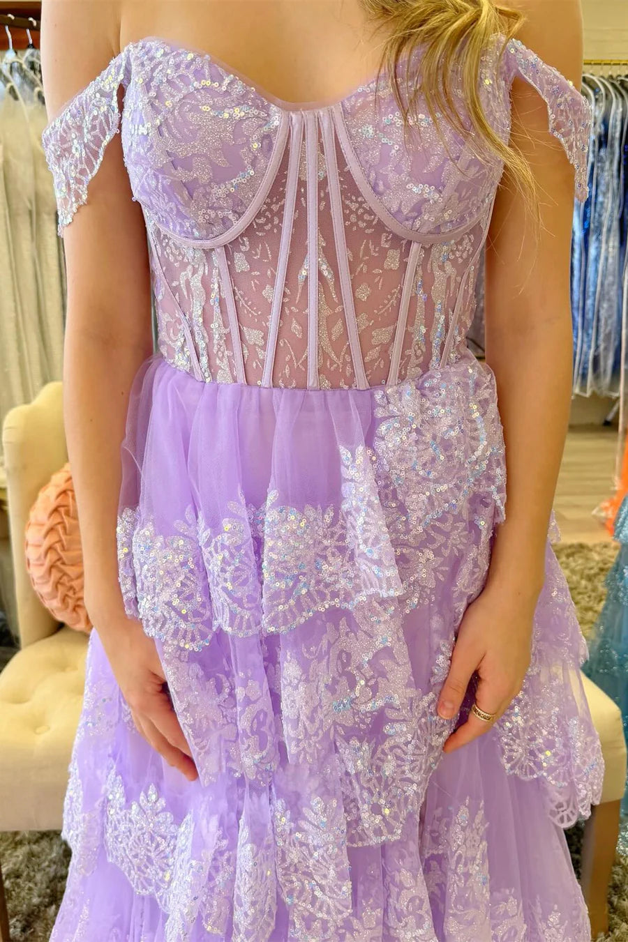 Sequin Appliques Off-the-Shoulder Ruffle Tiered Long Gown