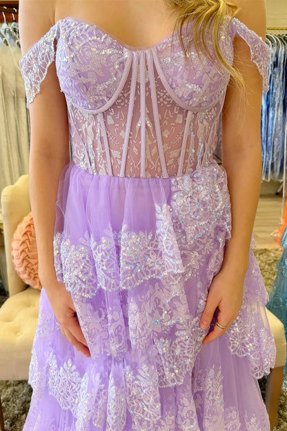 Sequin Appliques Off-the-Shoulder Ruffle Tiered Long Gown