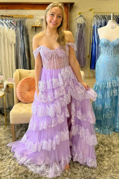 Sequin Appliques Off-the-Shoulder Ruffle Tiered Long Gown