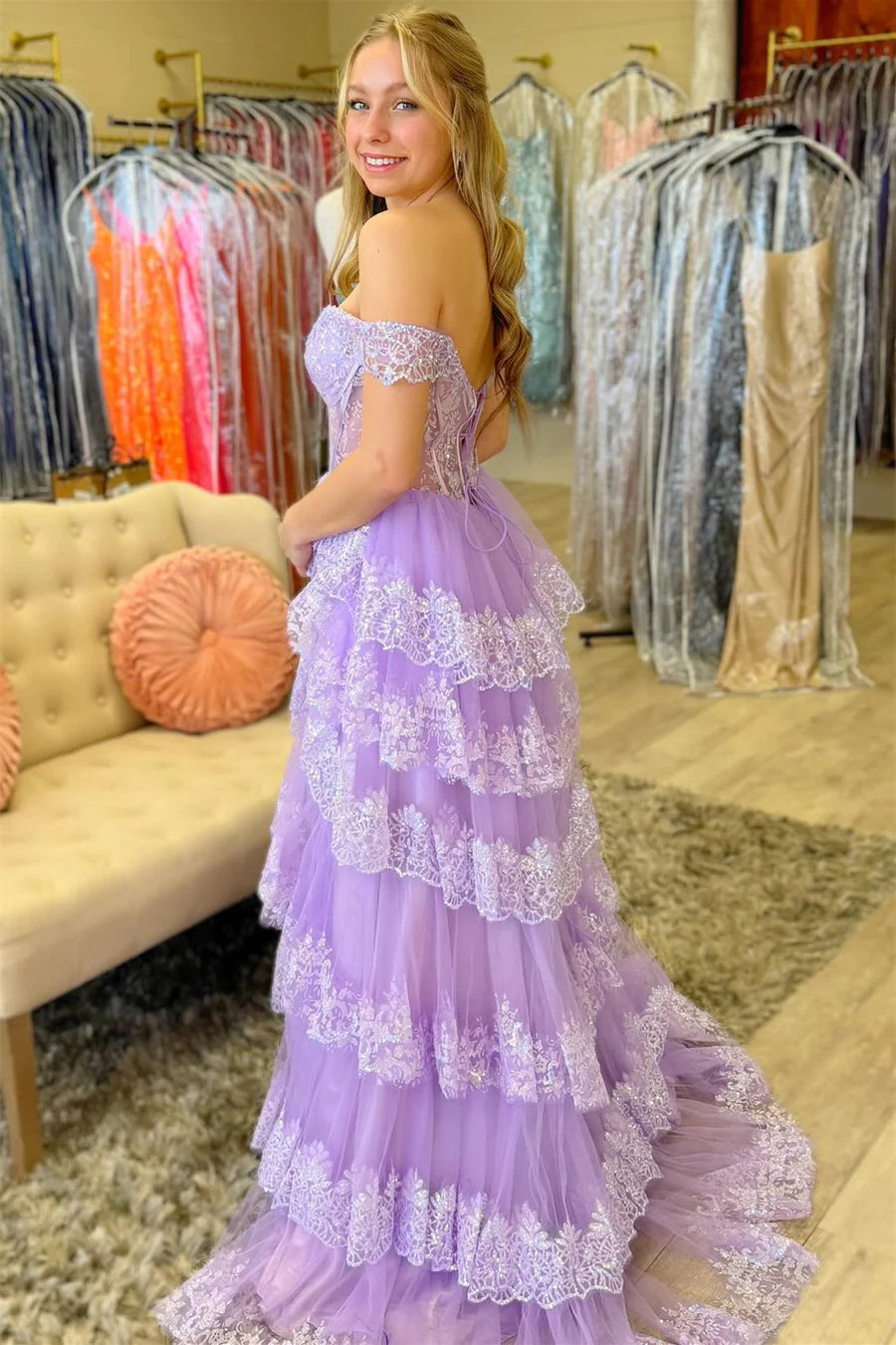 Sequin Appliques Off-the-Shoulder Ruffle Tiered Long Gown