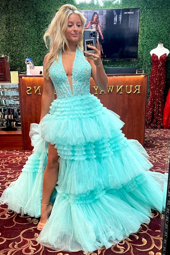 Tulle Appliques Halter Ruffle Tiered Ball Gown