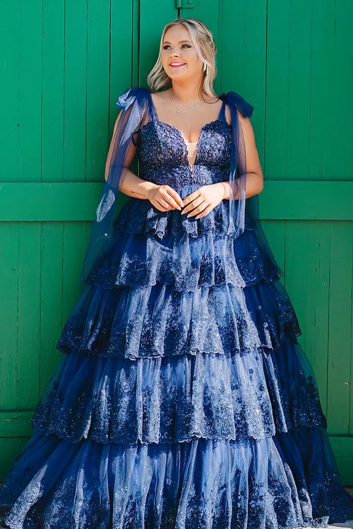 Tulle Appliques Tying Strap Ruffle Tiered Long Prom Dress