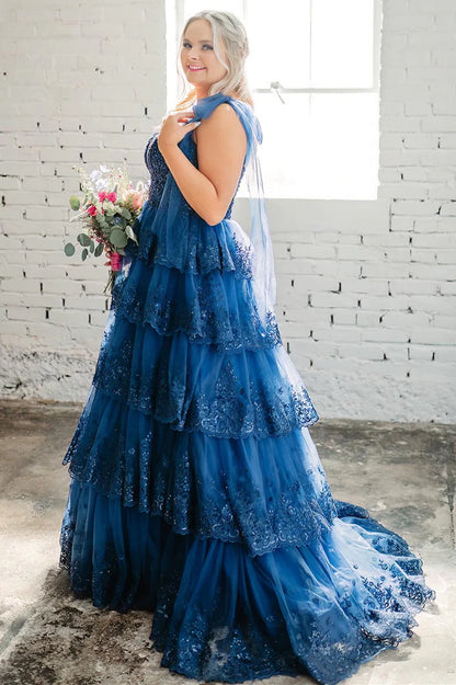 Tulle Appliques Tying Strap Ruffle Tiered Long Prom Dress
