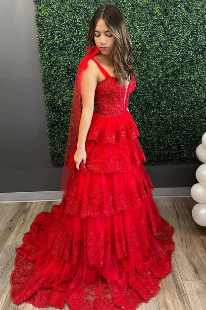 Tulle Appliques Tying Strap Ruffle Tiered Long Prom Dress