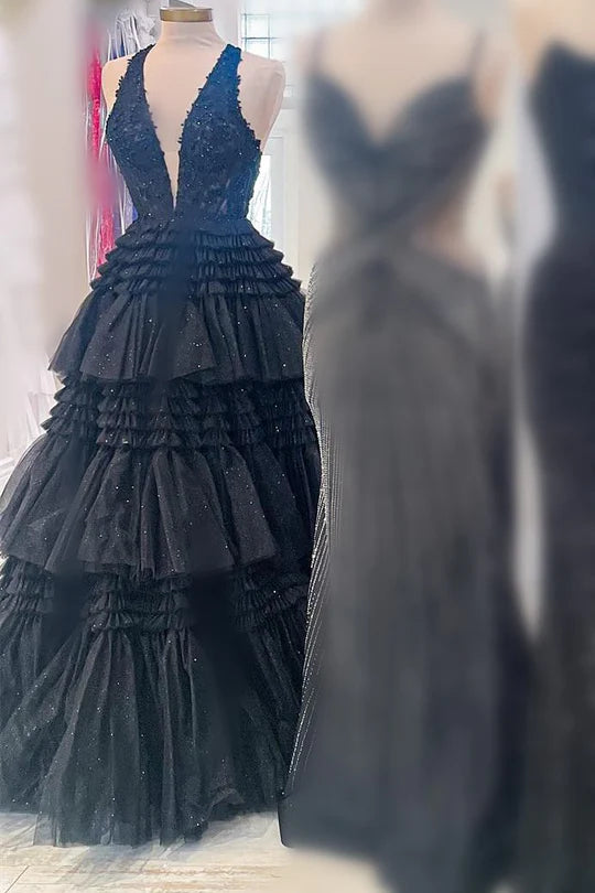 Tulle Appliques Halter Ruffle Tiered Ball Gown